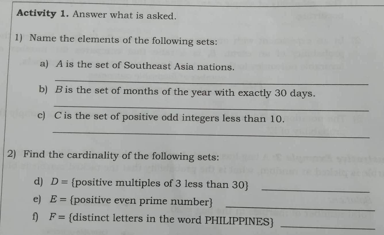 positive odd integers less than 10. 2) Find the cardinality of the