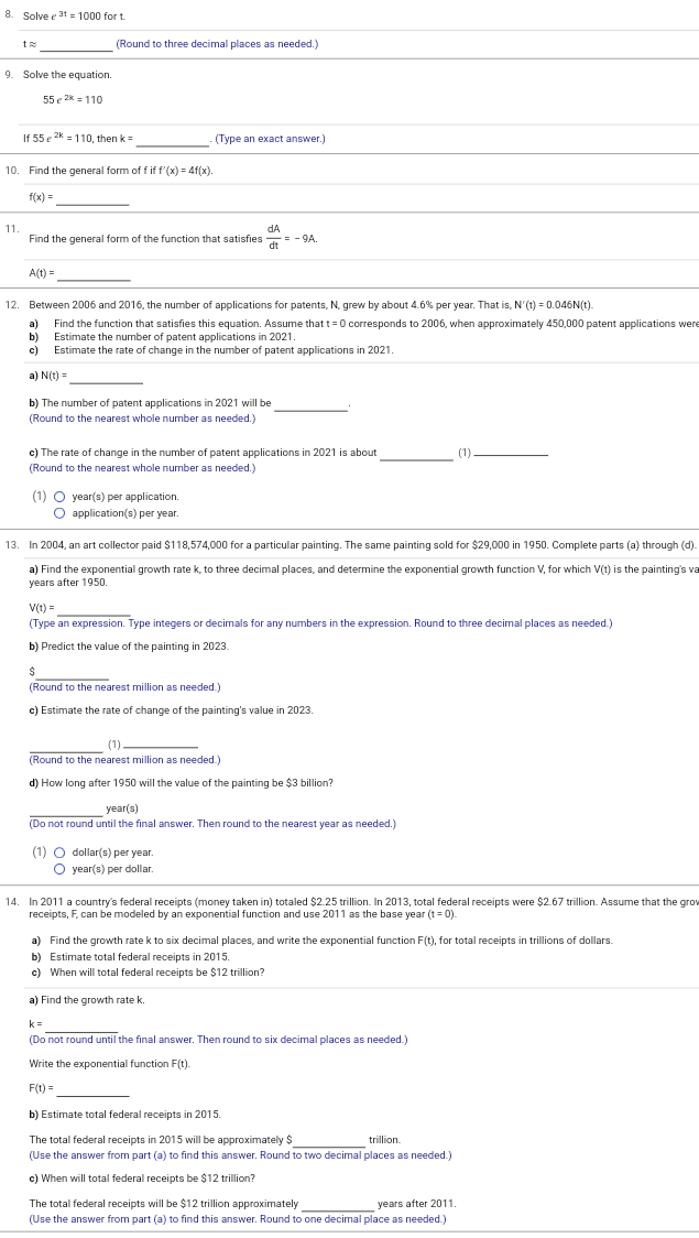 8. Solve e 31 = 1000 for t. (Round to three
