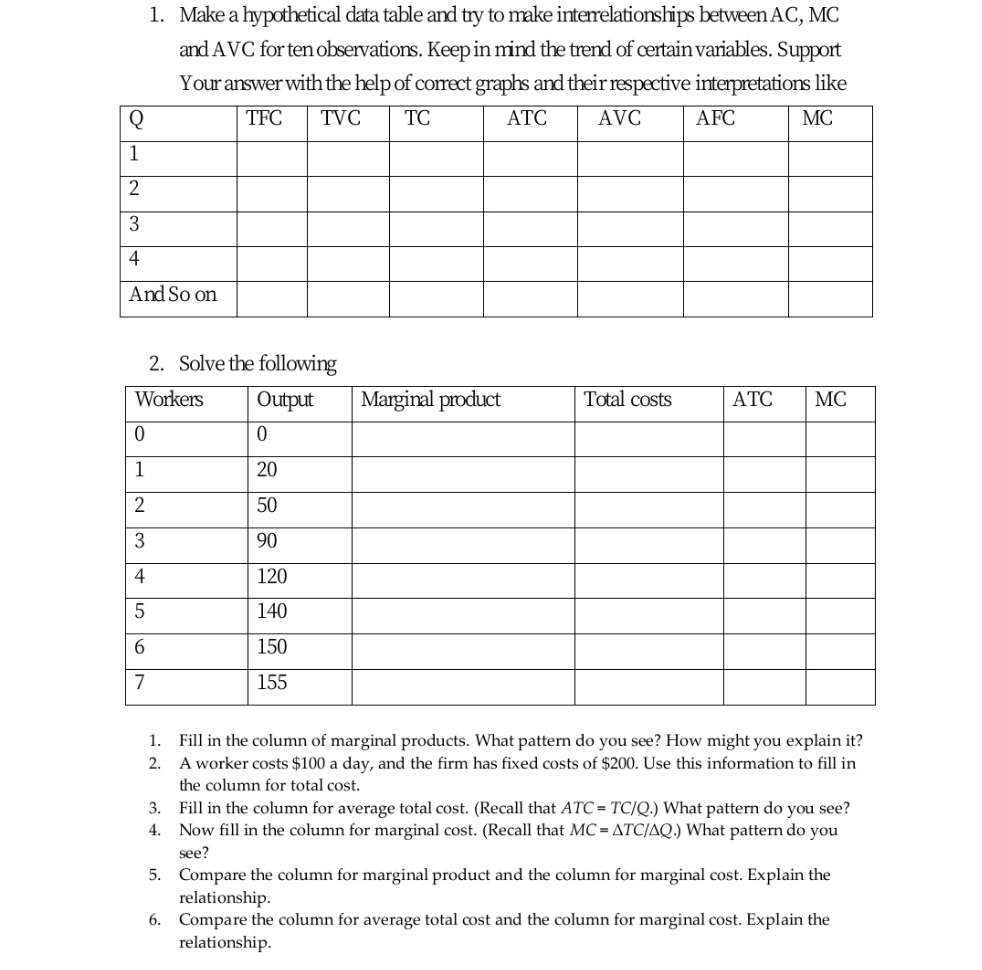 please fill this 1. Make a hypothetical data table and try to