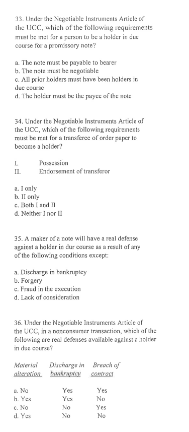 Just answer, do not need to explain 33. Under the Negotiable instruments