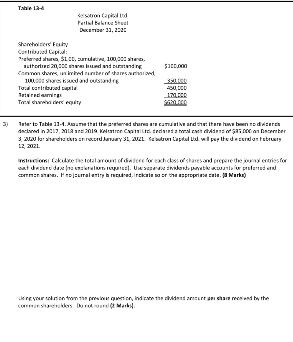 send answer asap plz Table 13-4 Kelsatron Capital Ltd. Partial Balance Sheet