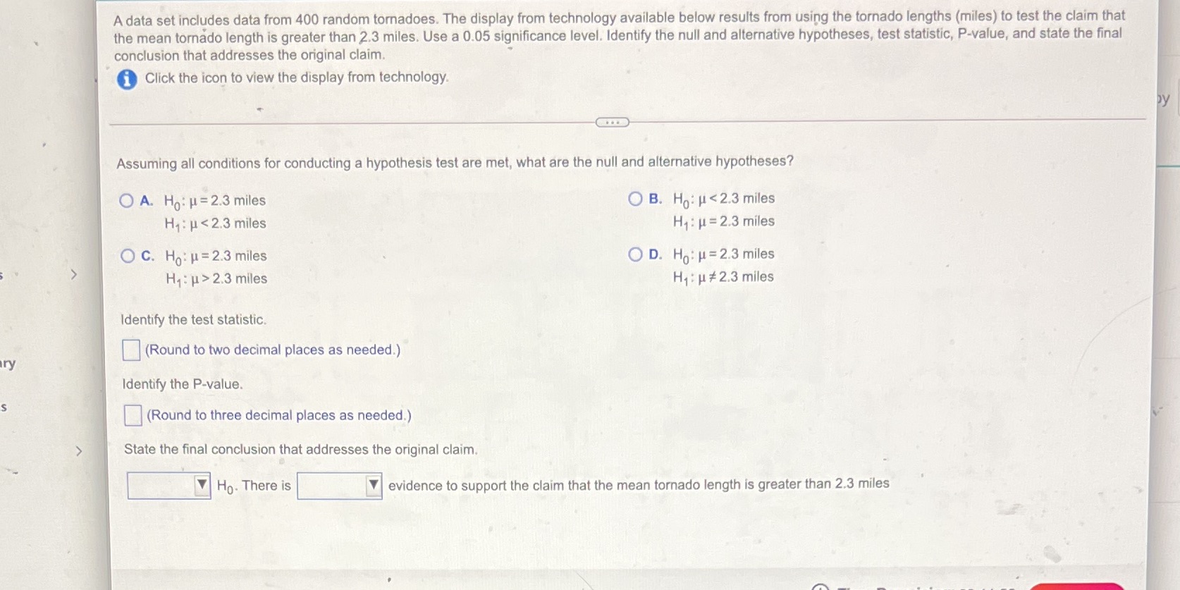  A data set includes data from 400 random tornadoes. The display