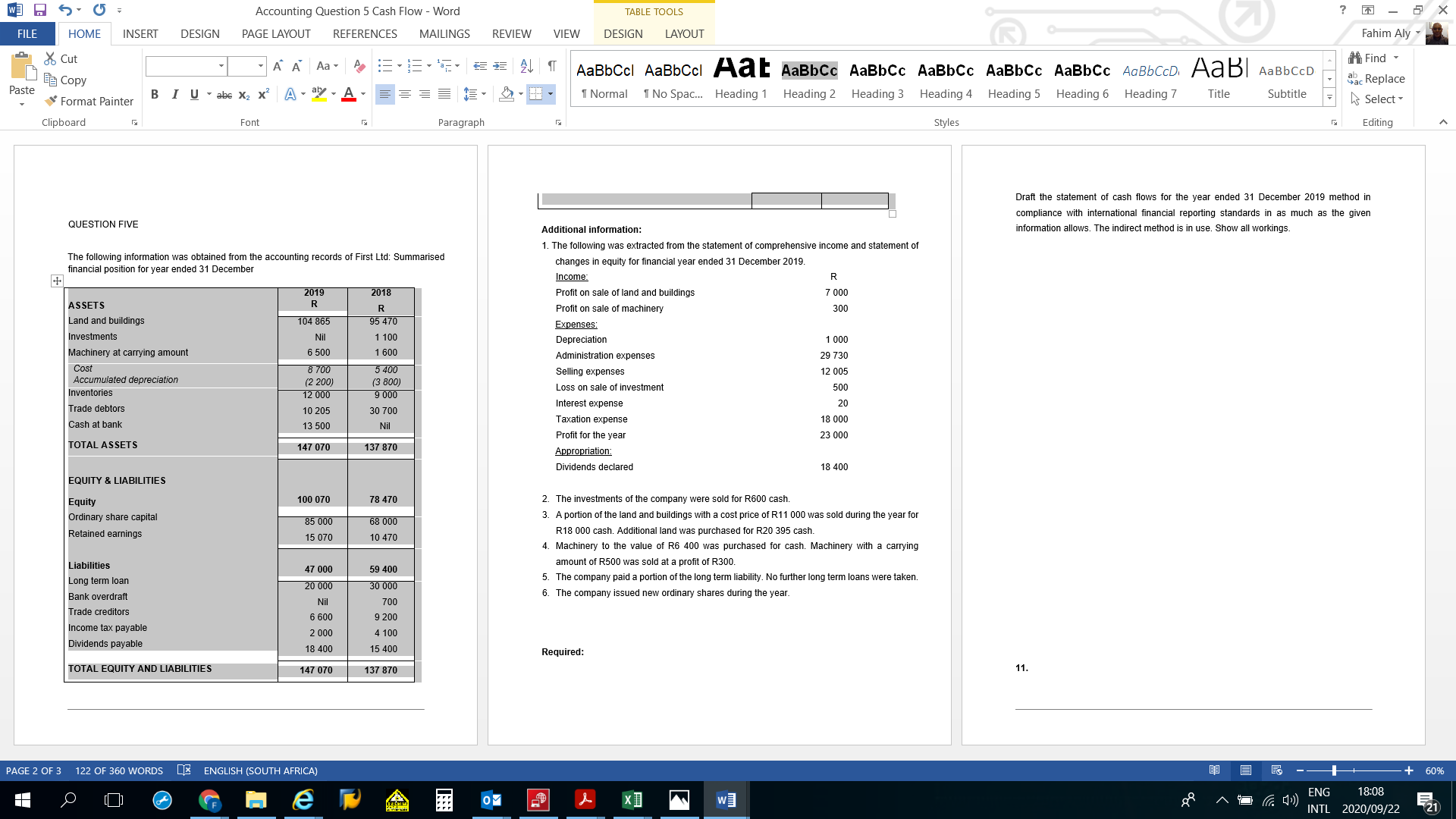  Accounting Question 5 Cash Flow - Word TABLE TOOLS ? 0