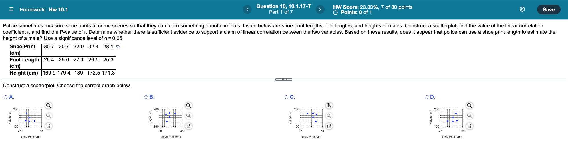 are shoe print lengths, foot lengths, and heights of males. Construct a