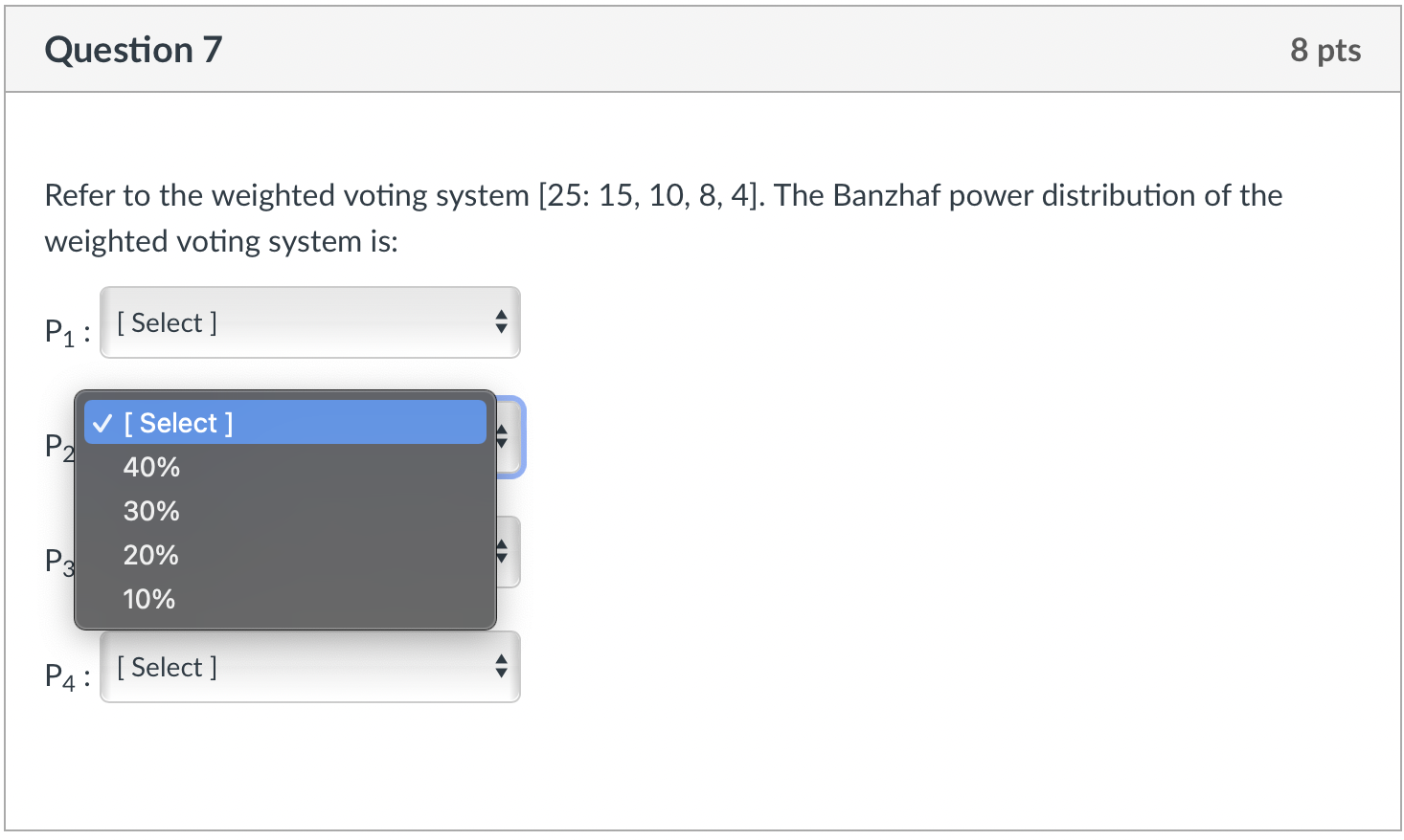 ! [Select] J [Select] 40% 30% 20% 10% [ Select ] Question