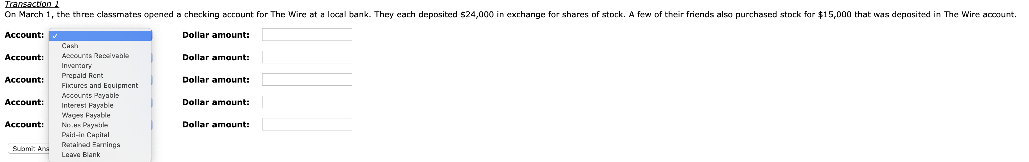  pls help me answer this question. the account: drop downs, are