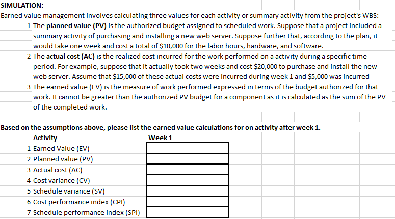  SIMULATION: Earned value management involves calculating three values for each activity