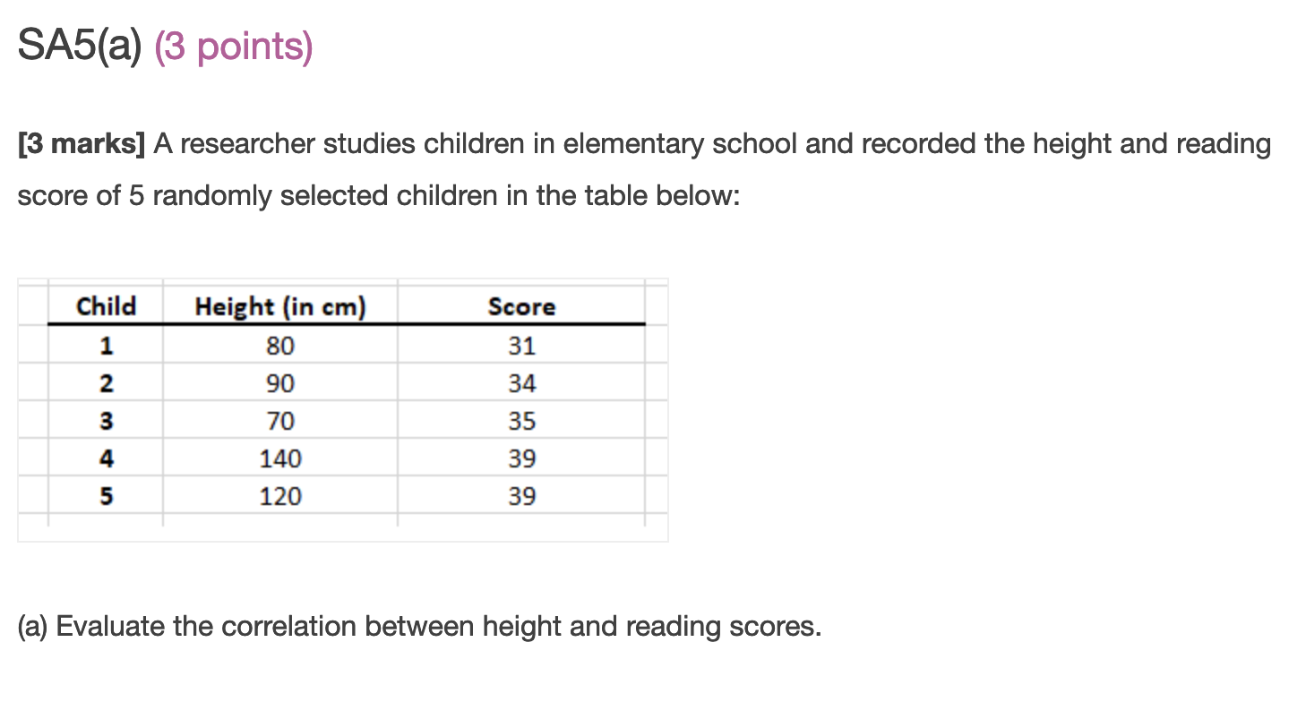 ! SA5(a) (3 points) [3 marks] A researcher studies children in elementary