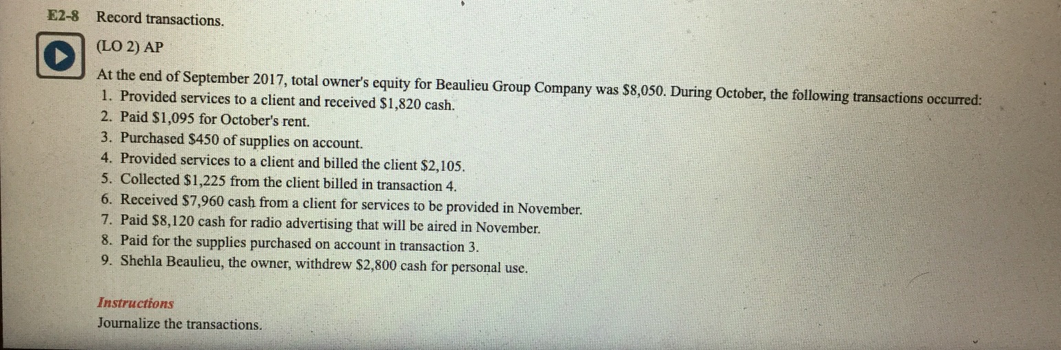 ------------------------------- E2-8 Record transactions. (LO 2) AP At the end of September