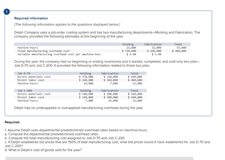Company uses a joborder costing System and has two manufacturing departmentsMolding and