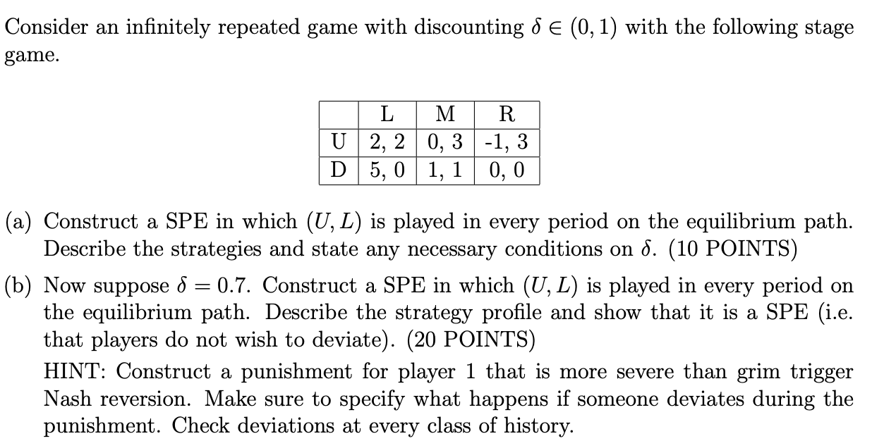 question below please answer Consider an innitely repeated game with discounting 6