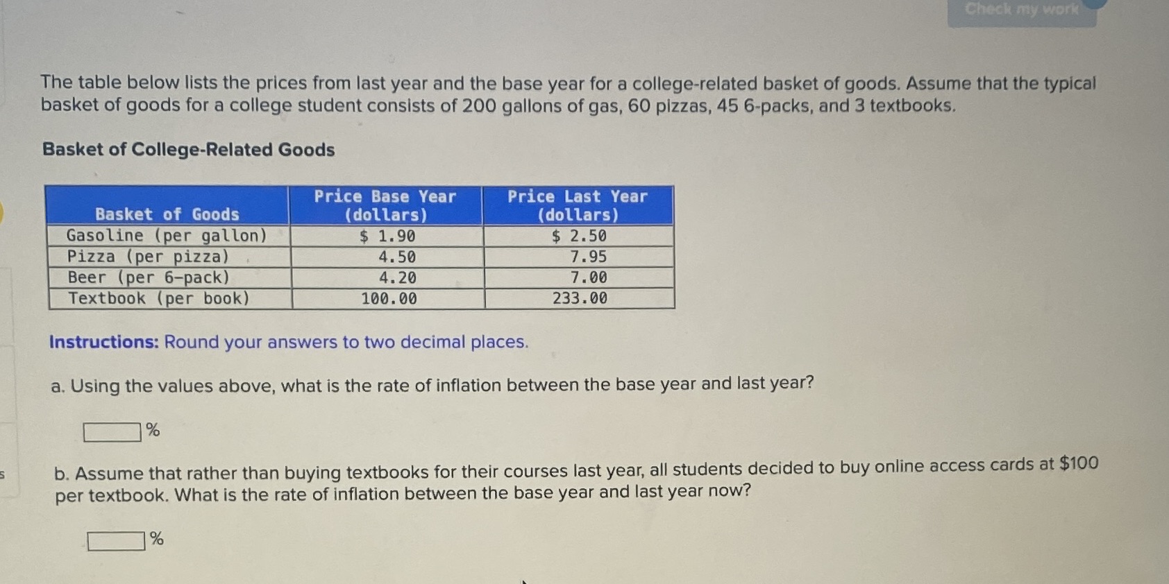  Check my work The table below lists the prices from last