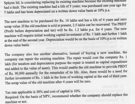 THE QUESTION IS BELOW Sphynx Itd. is considering replacing its existing machine