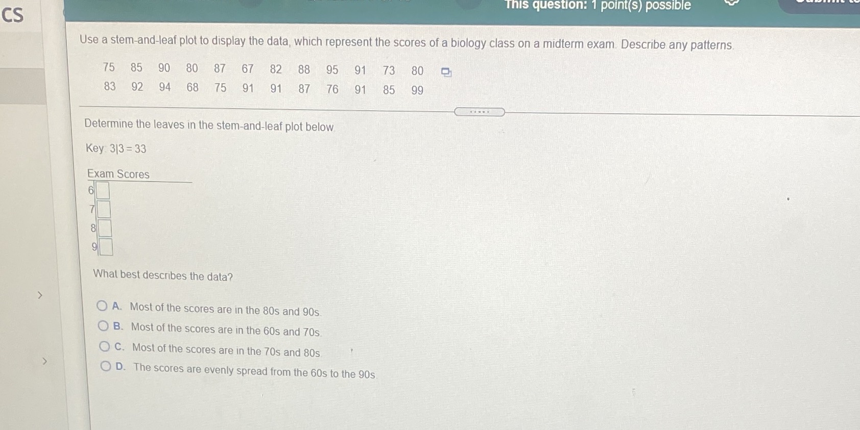  This question: 1 point(s) possible CS Use a stem-and-leaf plot to