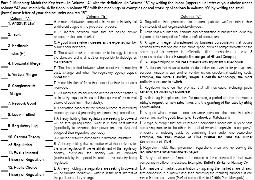 Part 2. Matching: Match the Key terms in Column "A" with