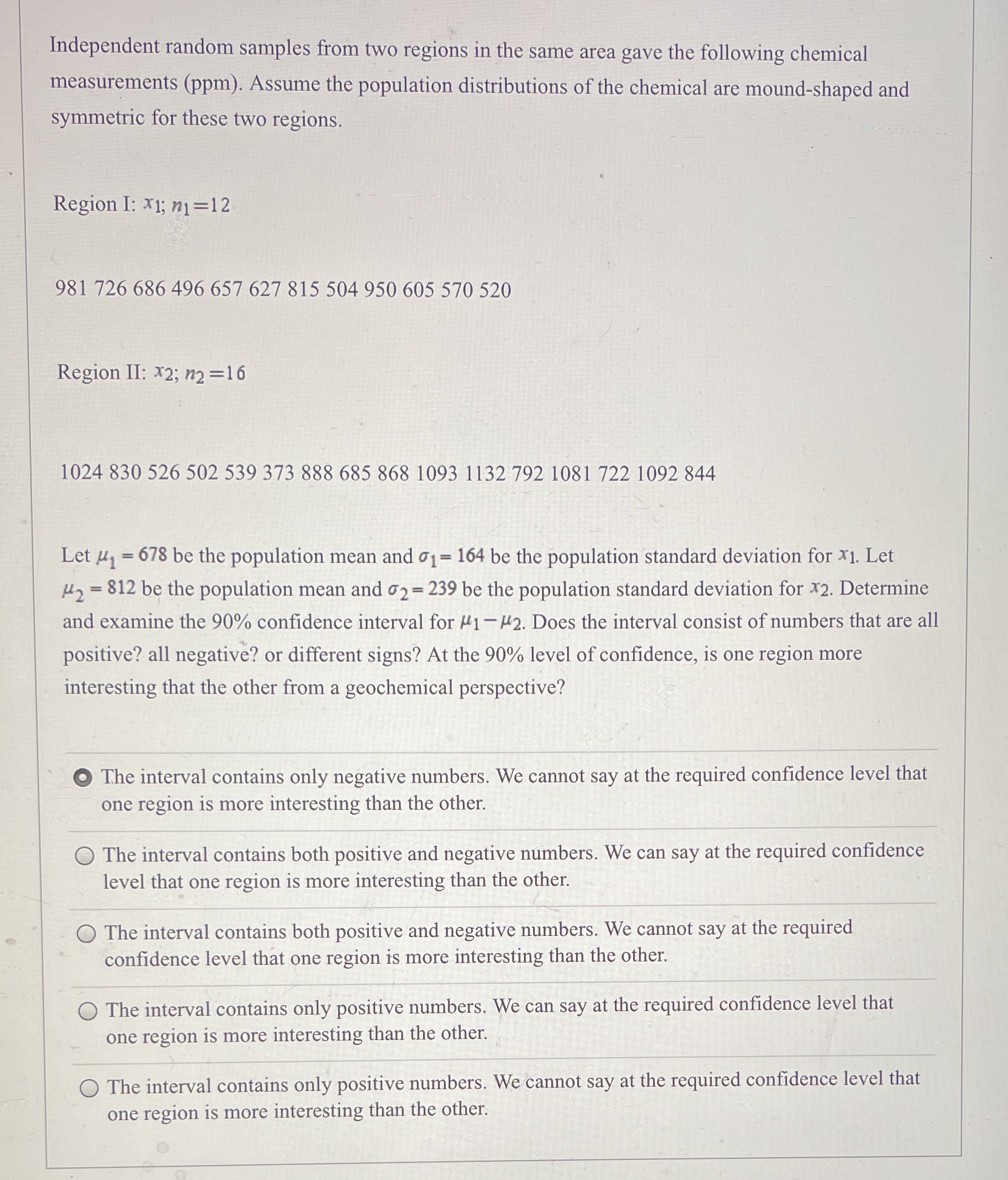 Independent random samples from two regions in the same area gave