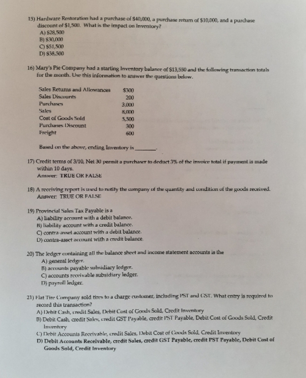 what is correct answer 15) Hardware Restoration had a purchase of $40,000,