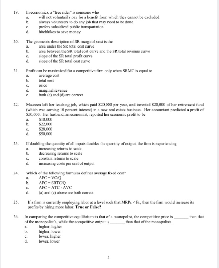 Answer 19 through 26 giving the letter to the answer or whether