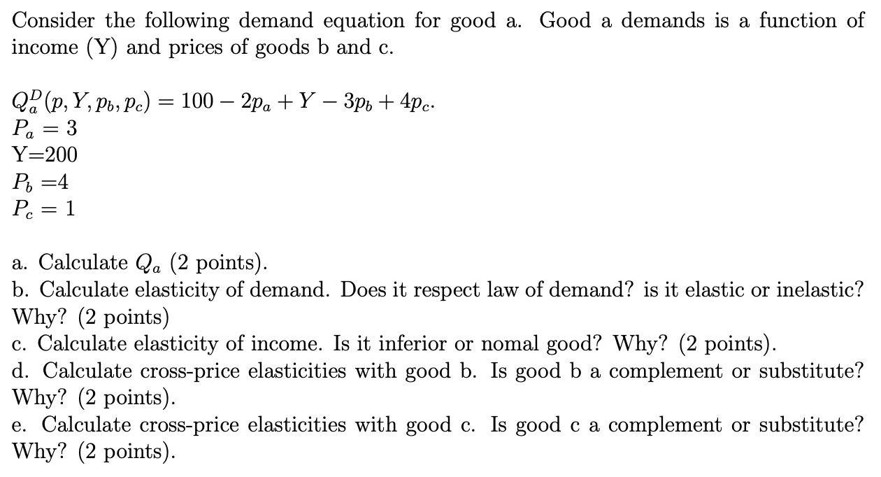  Consider the following demand equation for good a. Good a demands