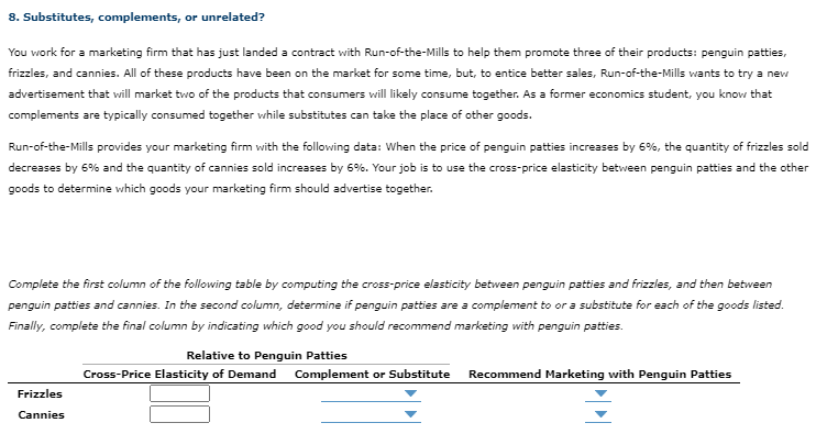 Complete the first column of the following table by computing the cross-price