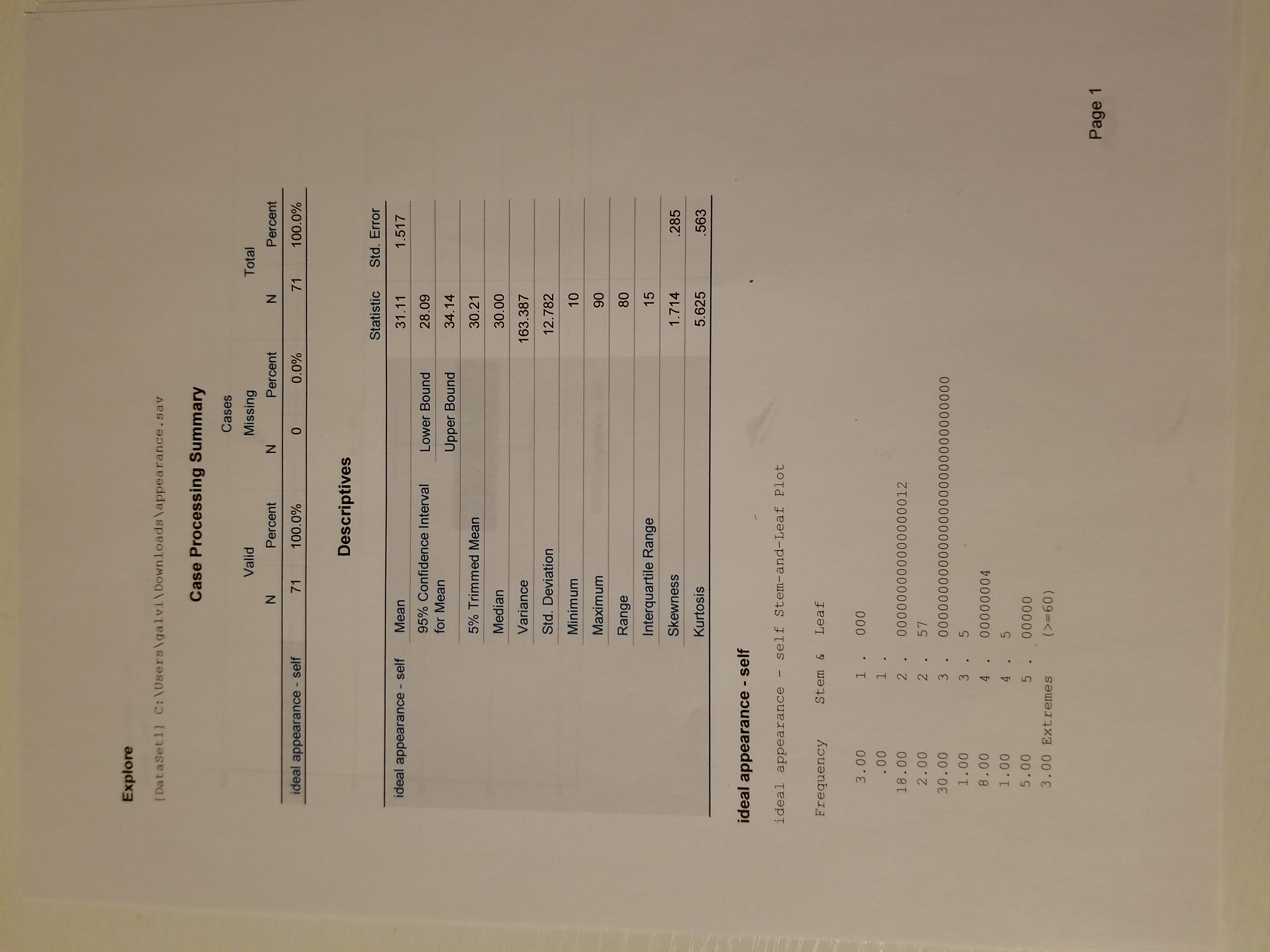 self 71 100.0% 0 0.0% 71 100.0% Descriptives Statistic Std. Error ideal