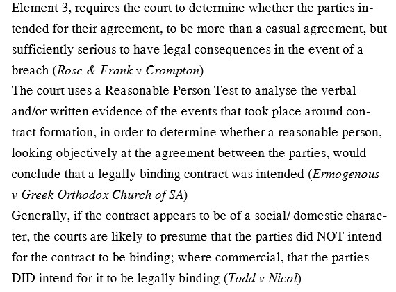 1. With reference to Intention Element (in contract law), explain whether