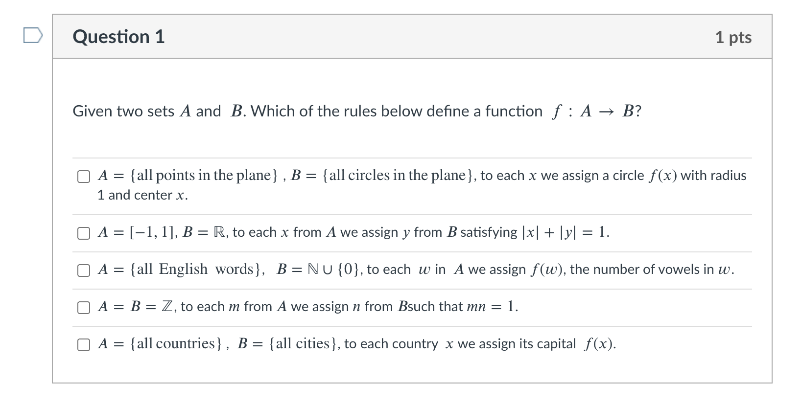 two sets A and B. Which of the rules below define a