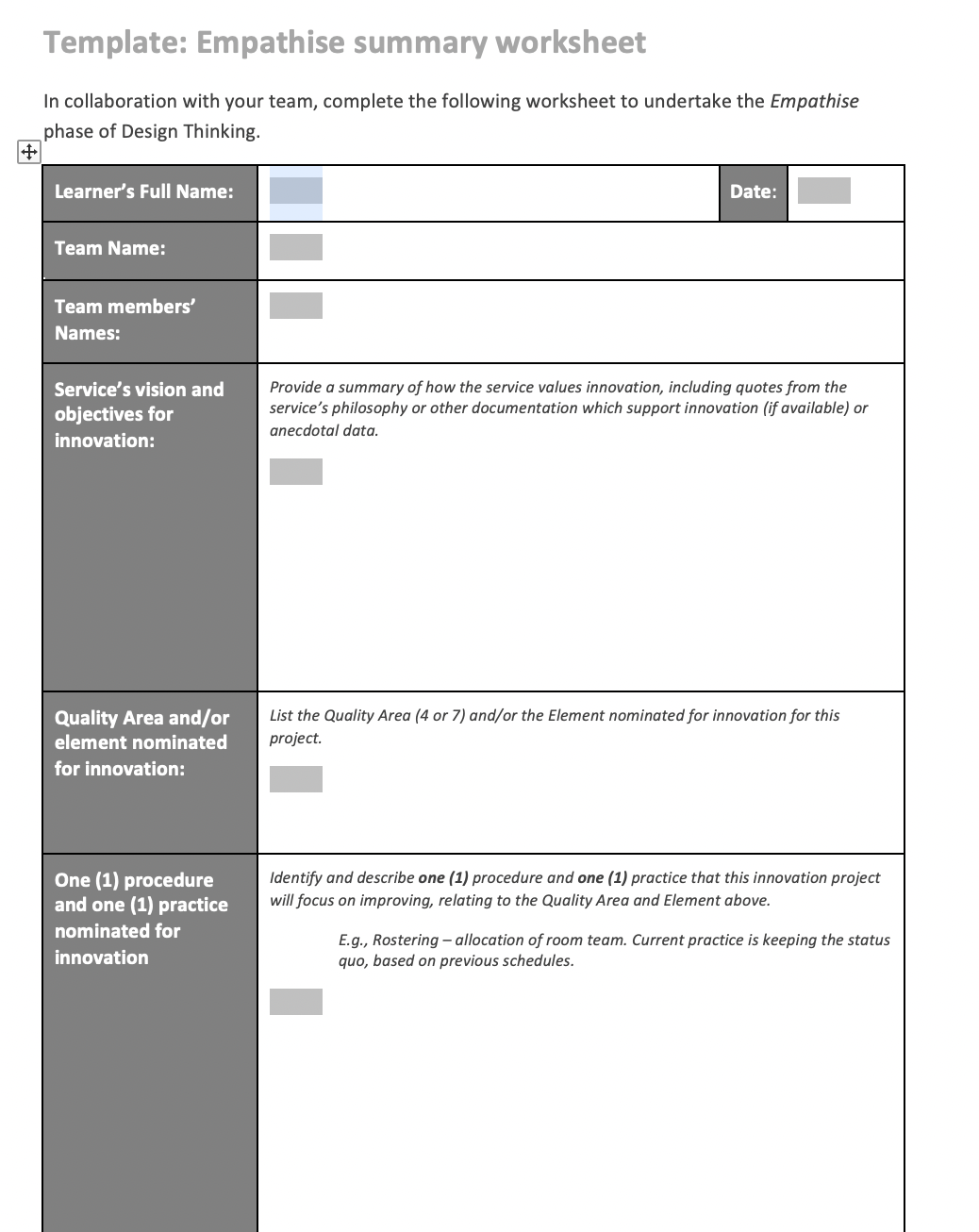  Template: Empathise summary worksheet In collaboration with your team, complete the