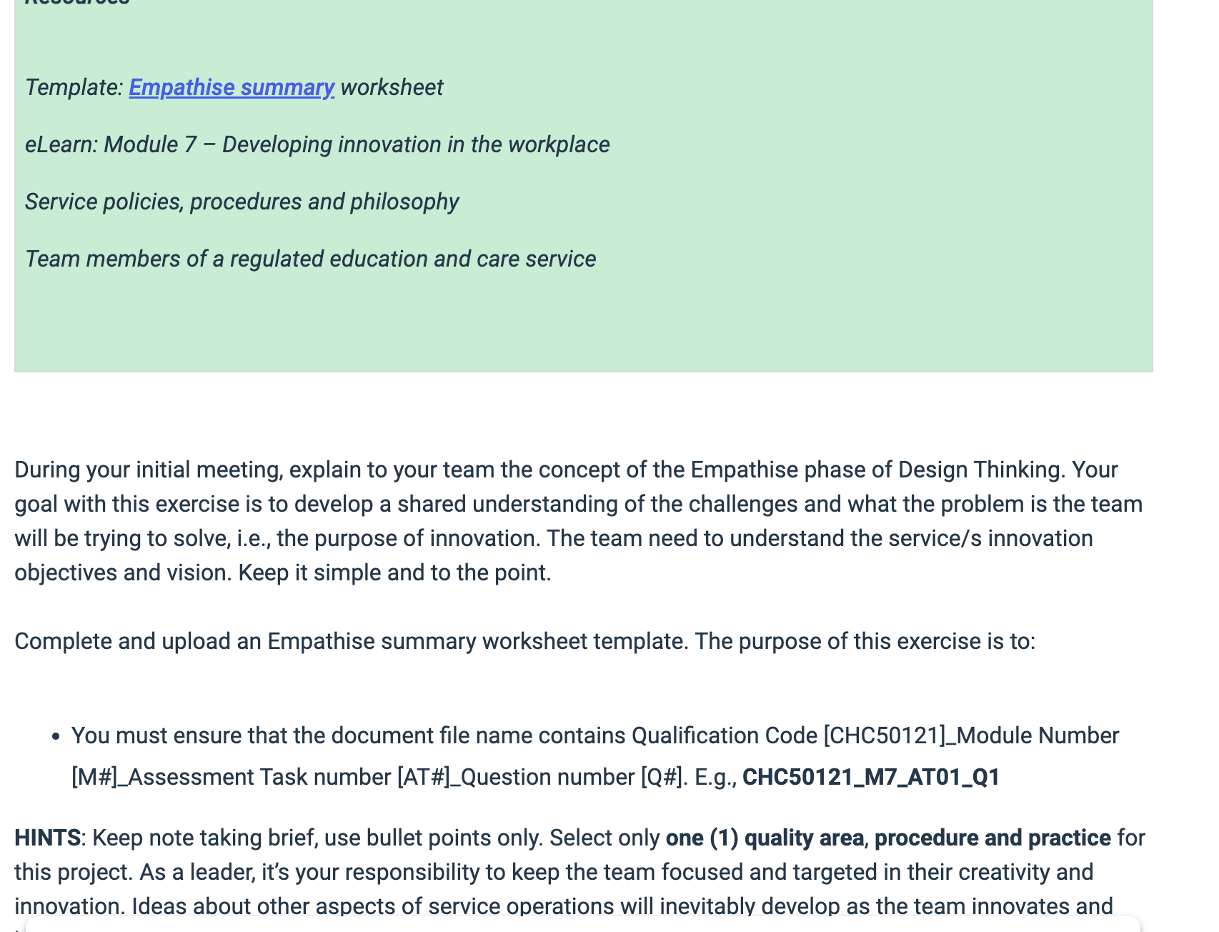 project. for innovation: One (1) procedure Identify and describe one (1) procedure