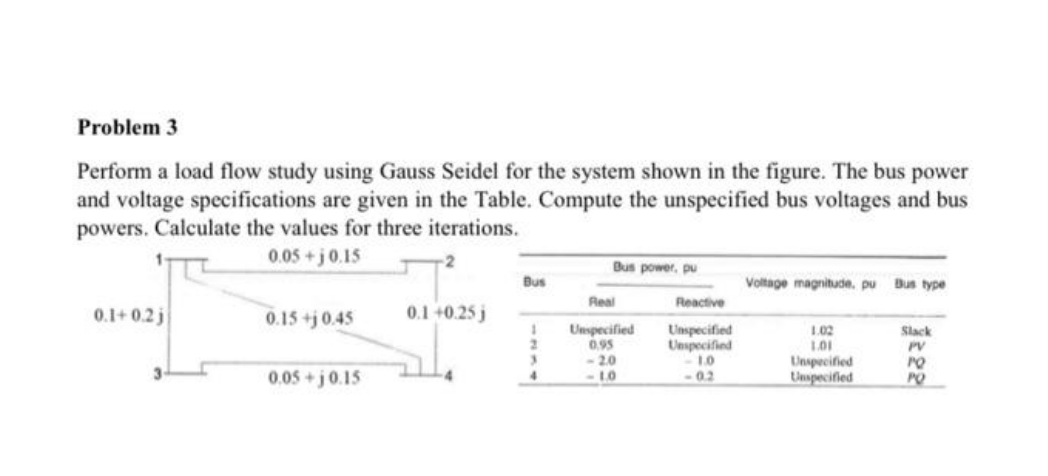 answer with explanation Problem 3 Perform a load flow study using Gauss