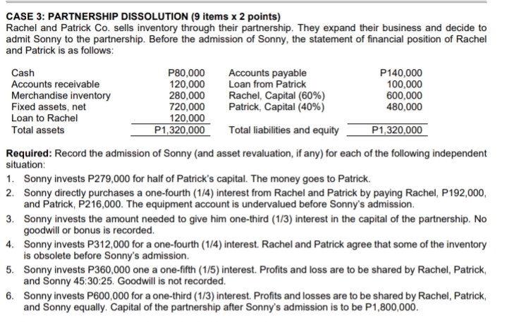Accounting for special transaction CASE 3: PARTNERSHIP DISSOLUTION (9 items x 2