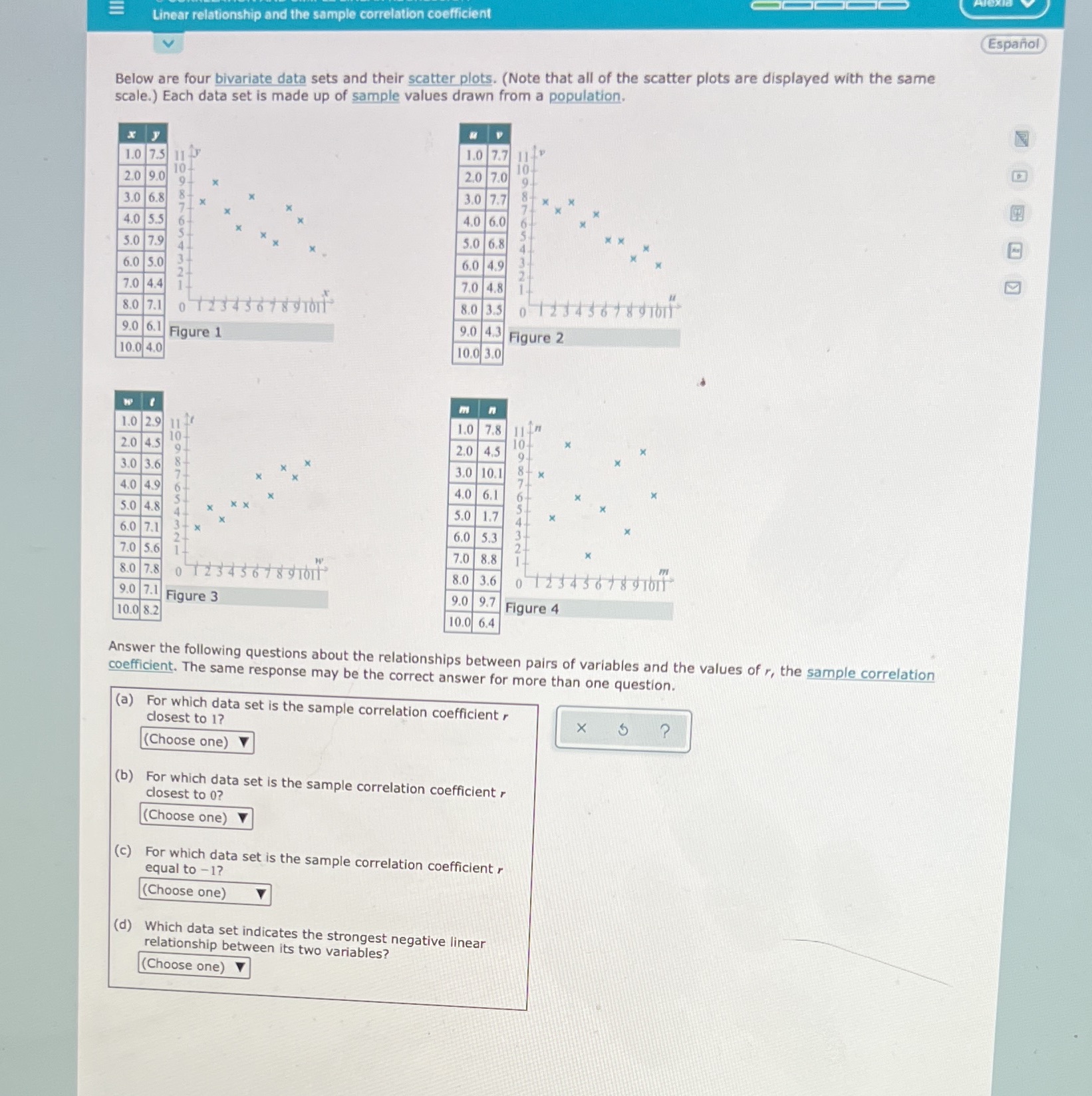 Linear relationship and the sample correlation coefficient Espanol V Below are
