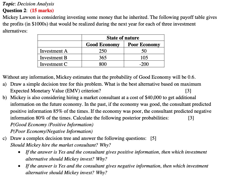 investing some money that he inherited. The following payoff table gives the