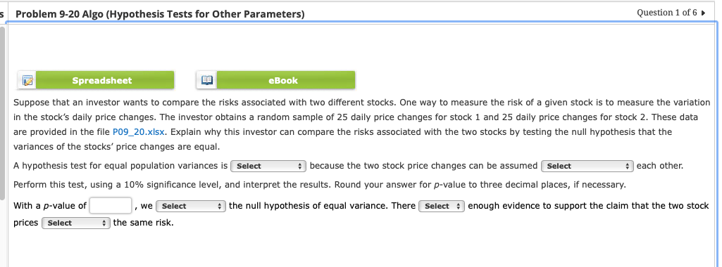  Problem 9-20 Algo (Hypothesis Tests for Other Parameters) Question 1 of