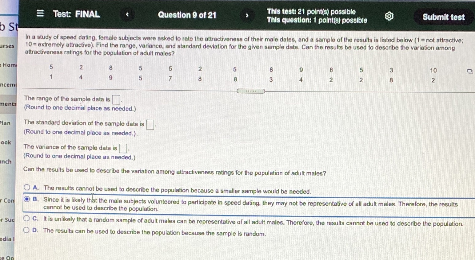  Test: FINAL Question 9 or 21 > "\"5\"\": 2' \"W's\" 9055\"\"