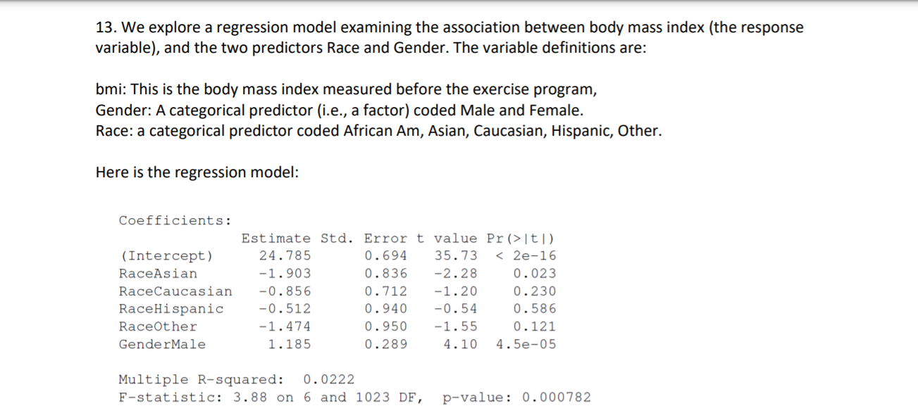before the exercise program, Gender: A categorical predictor (i.e., a factor) coded