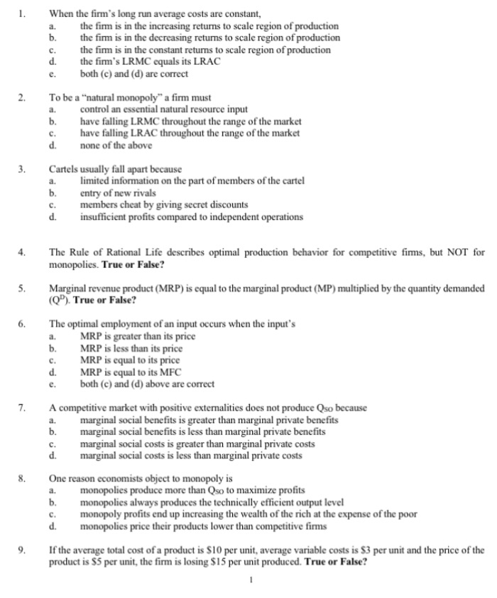 Answer questions 1 through 9 listing the answer as it's letter or