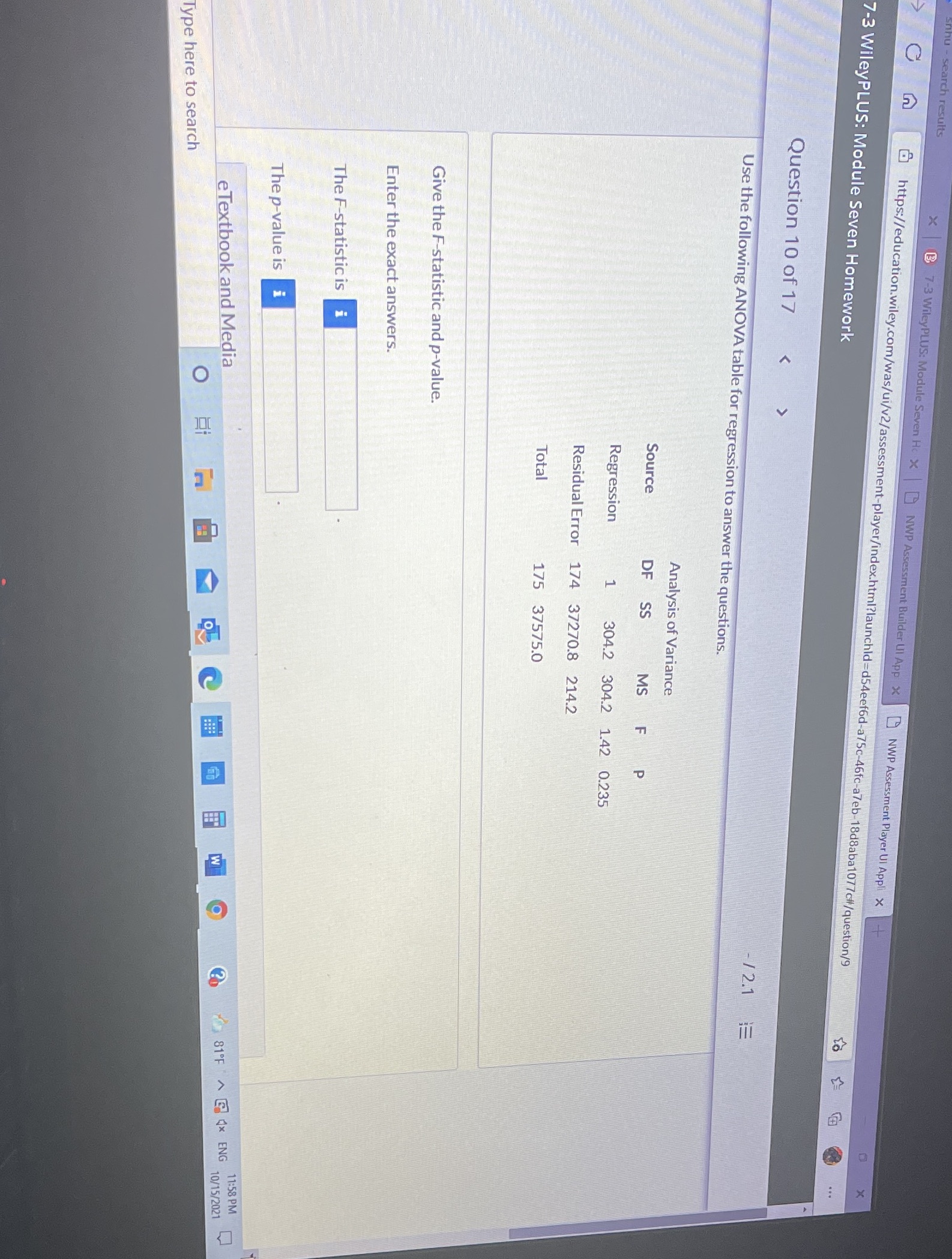 7-3 Wiley X B 7-3 WileyPLUS: Module Seven He X NWP Assessment