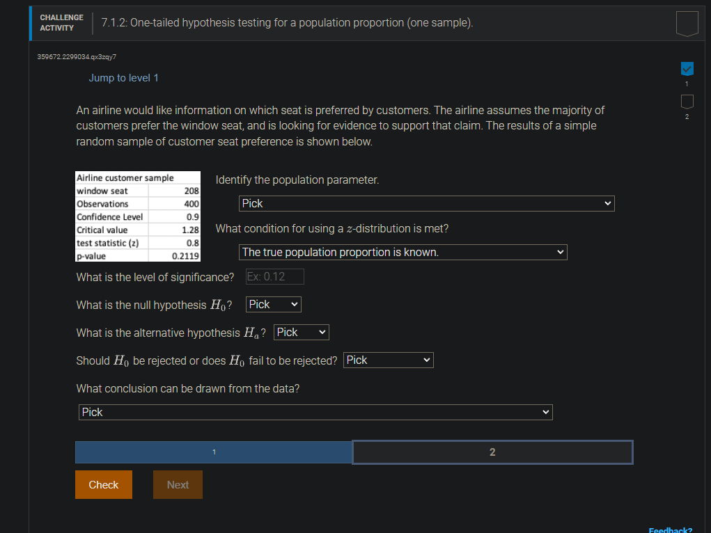 CHALLENGE ACTIVITY 7.1.2: One-tailed hypothesis testing for a population proportion (one