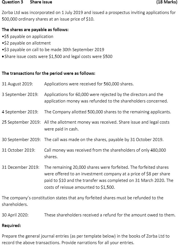 Question 3 Share issue [13 Marks} 2orba Ltd was incorporated on