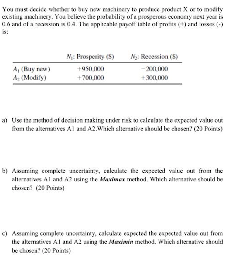 decide whether to buy new machinery to produce product X or to