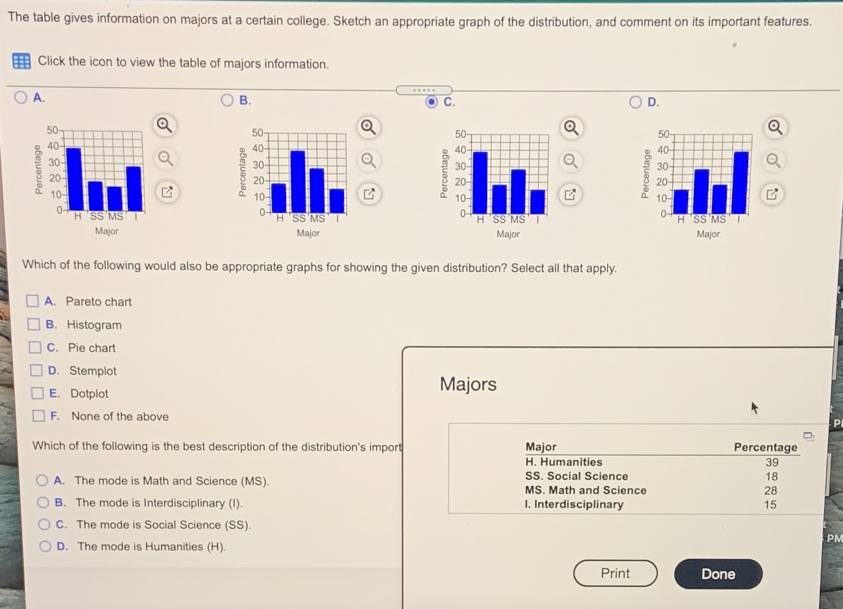 First questions asks which bar chart shows the given distribution (majors). The