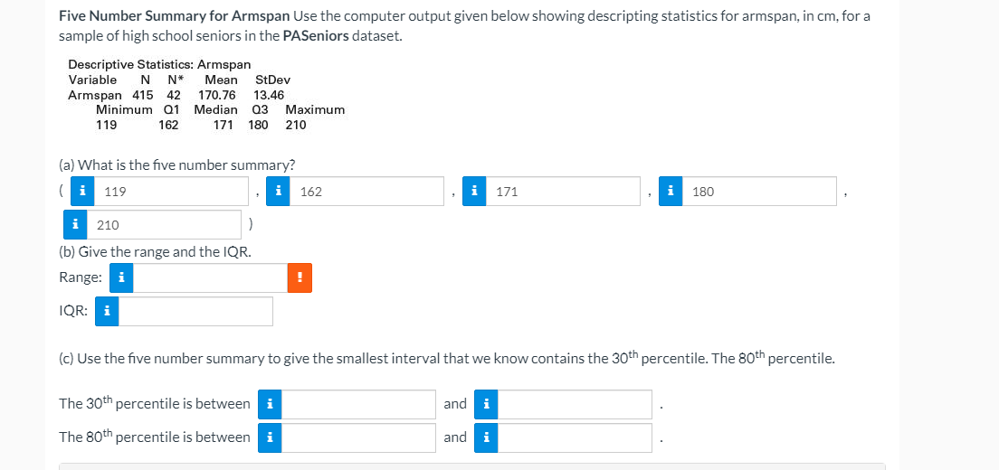 Five Number Summary for ArmspanUse the computer output given below showing descripting