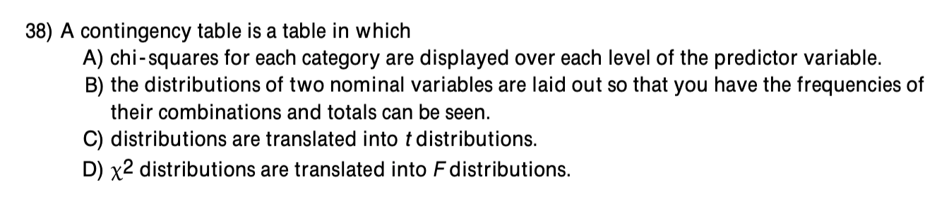 38) A contingency table is a table in which A) chi-squares