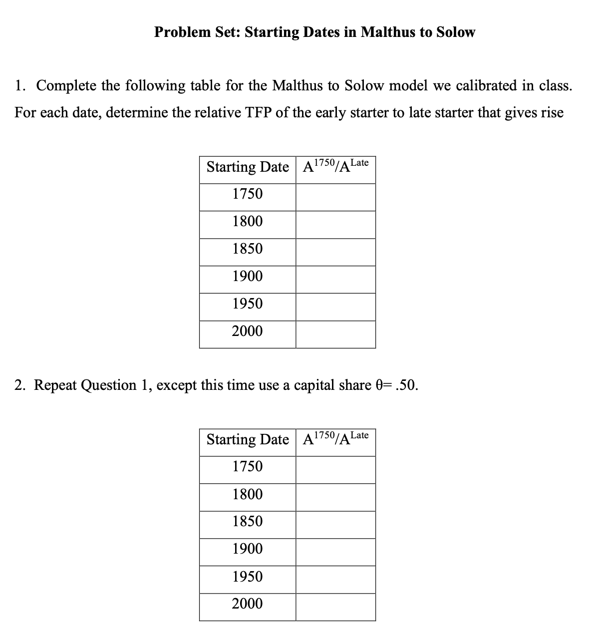  Problem Set: Starting Dates in Malthus to Solow 1. Complete the
