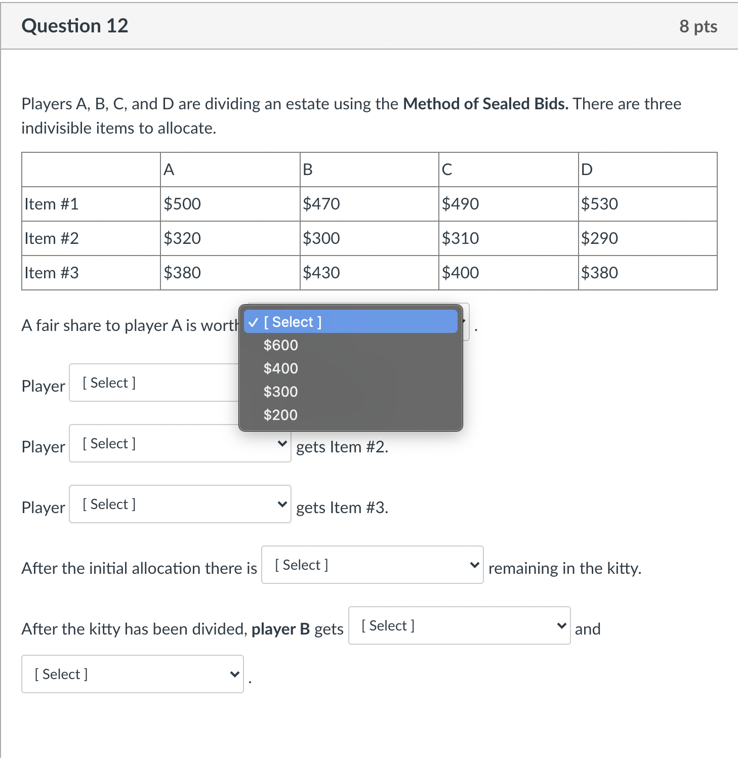 v [ Select ] $600 $400 Player [ Select ] $300 $200