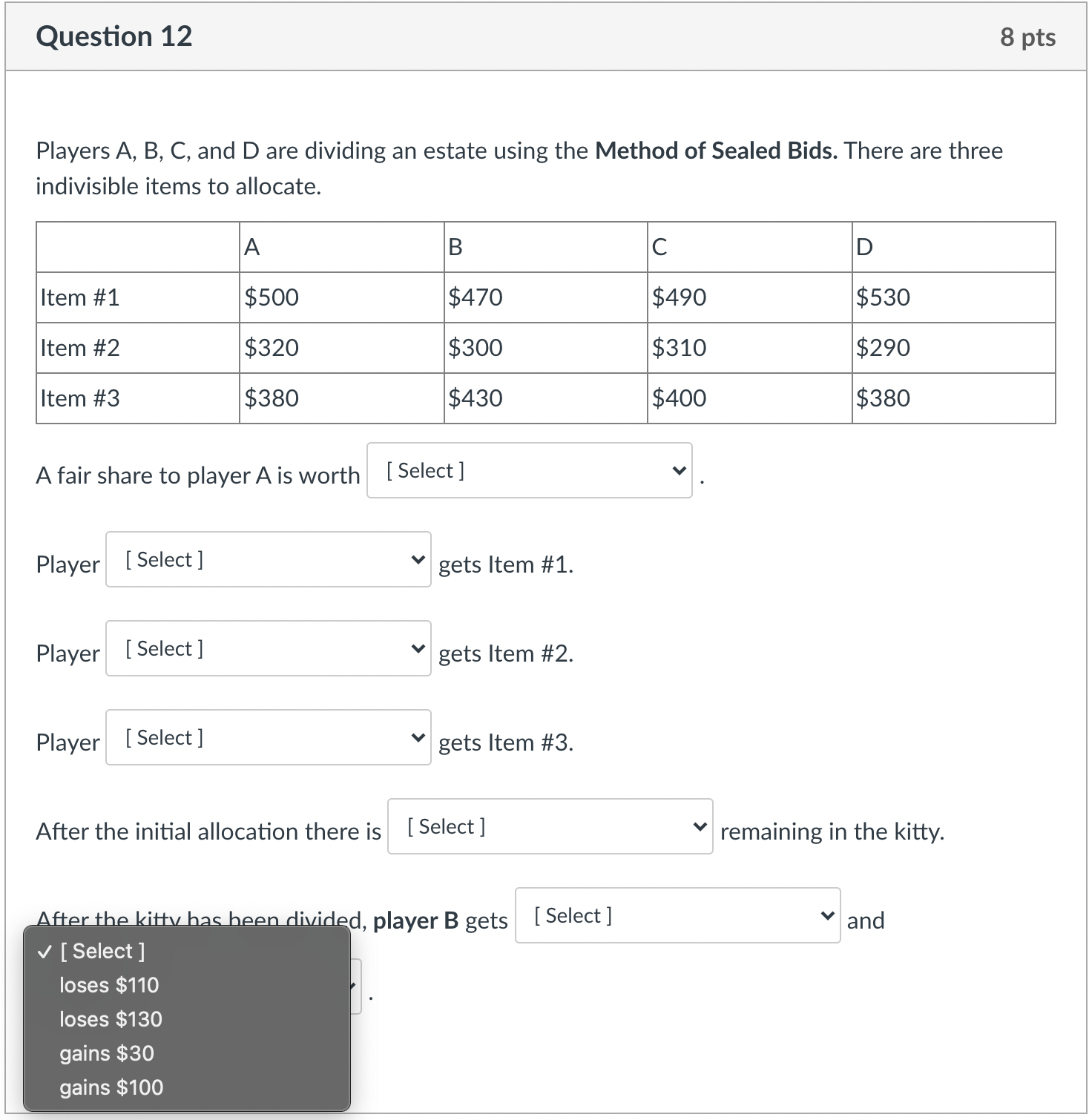 of Sealed Bids. There are three indivisible items to allocate. A B