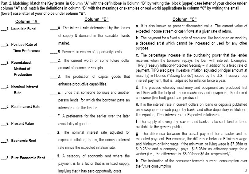  Part 2. Matching: Match the Key terms in Column "A" with