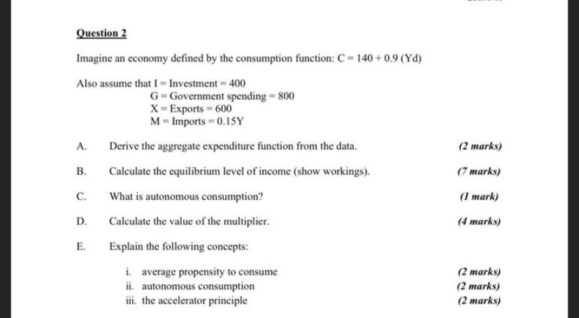  Question 2 Imagine an economy defined by the consumption function: C