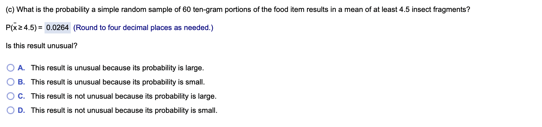 food item is obtained and results in a sample mean of x=4.5
